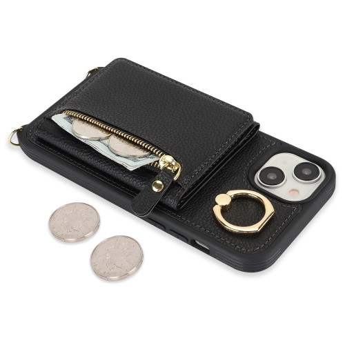 iPhone 14 / iPhone 13 Necklace Leder Hülle mit Münzfach und Kartenfächer   Finger Griff Halterung   Handykette - Schwarz