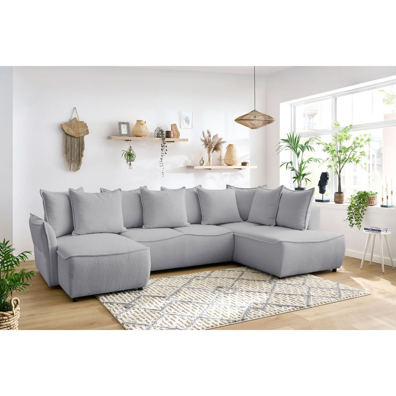 Bobochic Canapé panoramique convertible coffre d'angle gauche bouclette léon gris clair - 320x194x90 cm