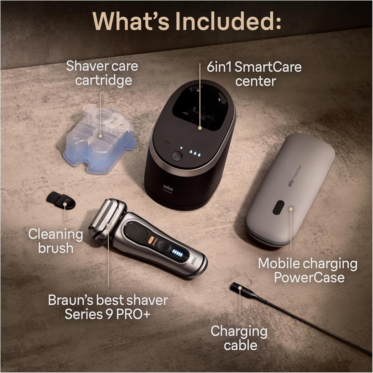 Braun Rasoir électrique Series 9 PRO+ 9577cc pour homme, 5 éléments de rasage professionnels et tondeuse à cheveux longs de précision, centre SmartCare 6 en 1, PowerCase pour chargement mobile, humide