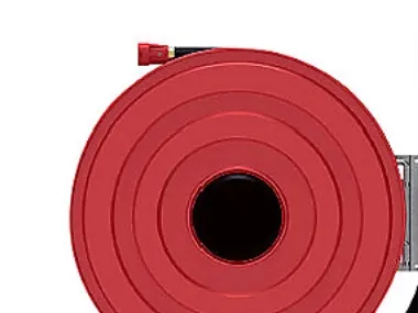 Falck slangevinde på svingarm - Ø650x155mm. Rød Ral 3000. 30m 1' slange.