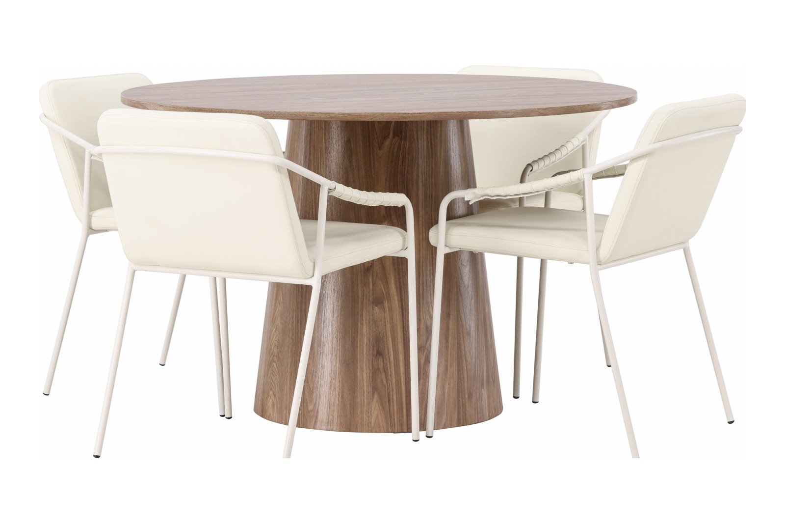 Lanzo og Tvist Spisegruppe Lanzo rundt spisebord ø120cm i natur med 4 stk. Tvist med arm spisetoler i Beige PU og metal understell.