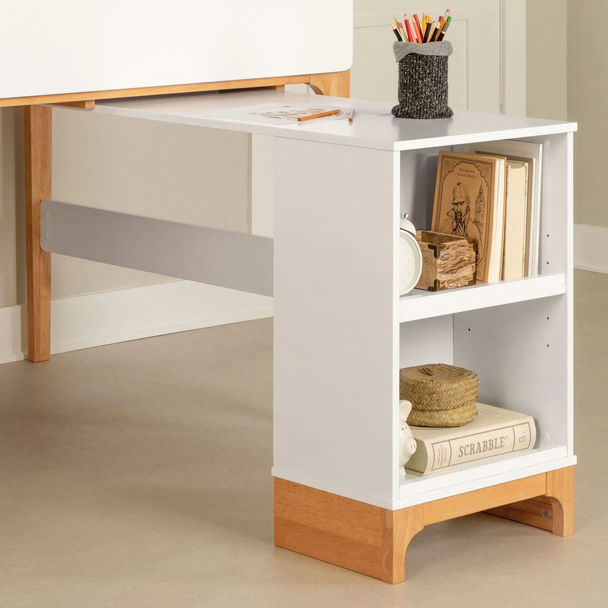 South Shore Lit Simple Mezzanine avec bureau - Bebble Blanc et Naturel