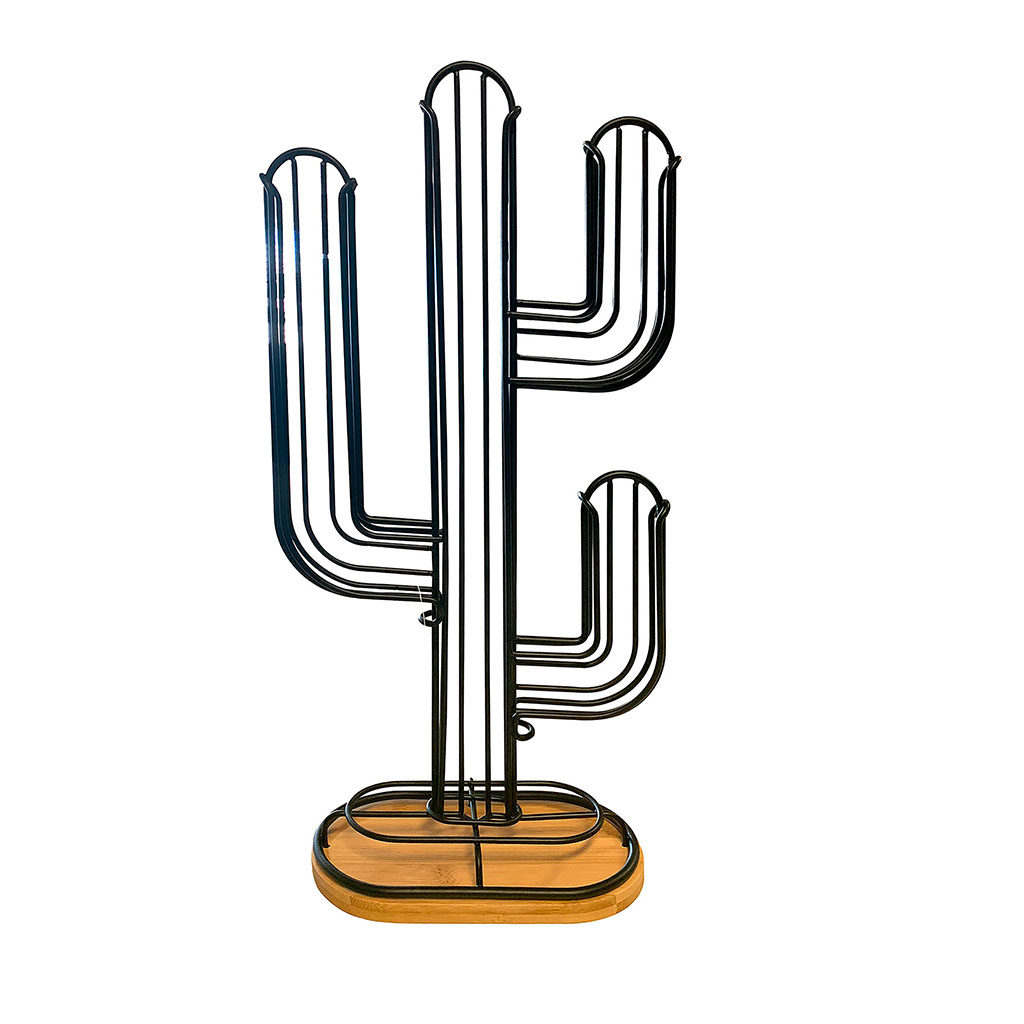Porte dosettes cactus métal noir pied bambou 14.1x19x9.5cm