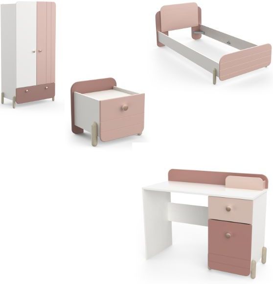 Kinderkamer Janne - Bed 90x190cm - Nachtkastje - Kleerkast - Bureau - Roze/Wit