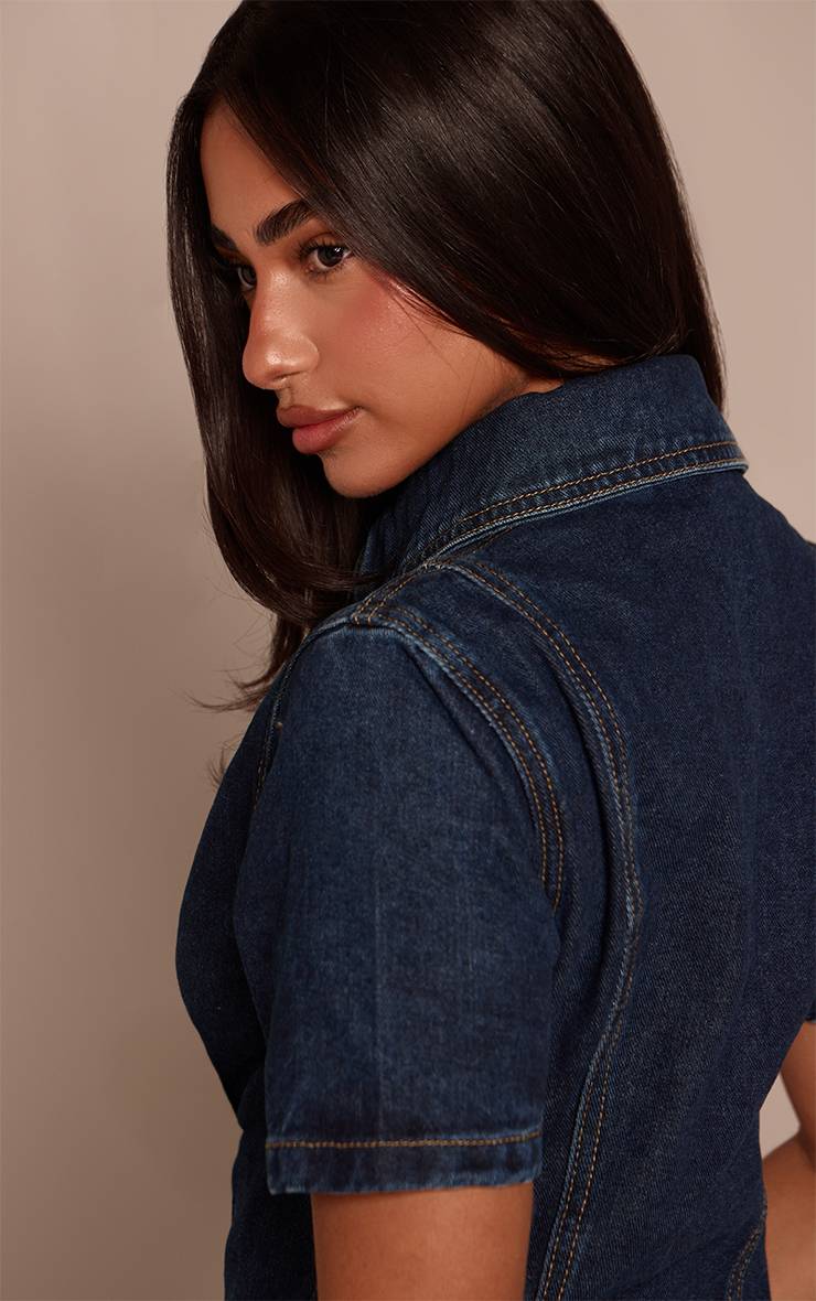 Bleu Indigo Chemise En Denim À Manches Courtes Boutonnée Petite Taille
