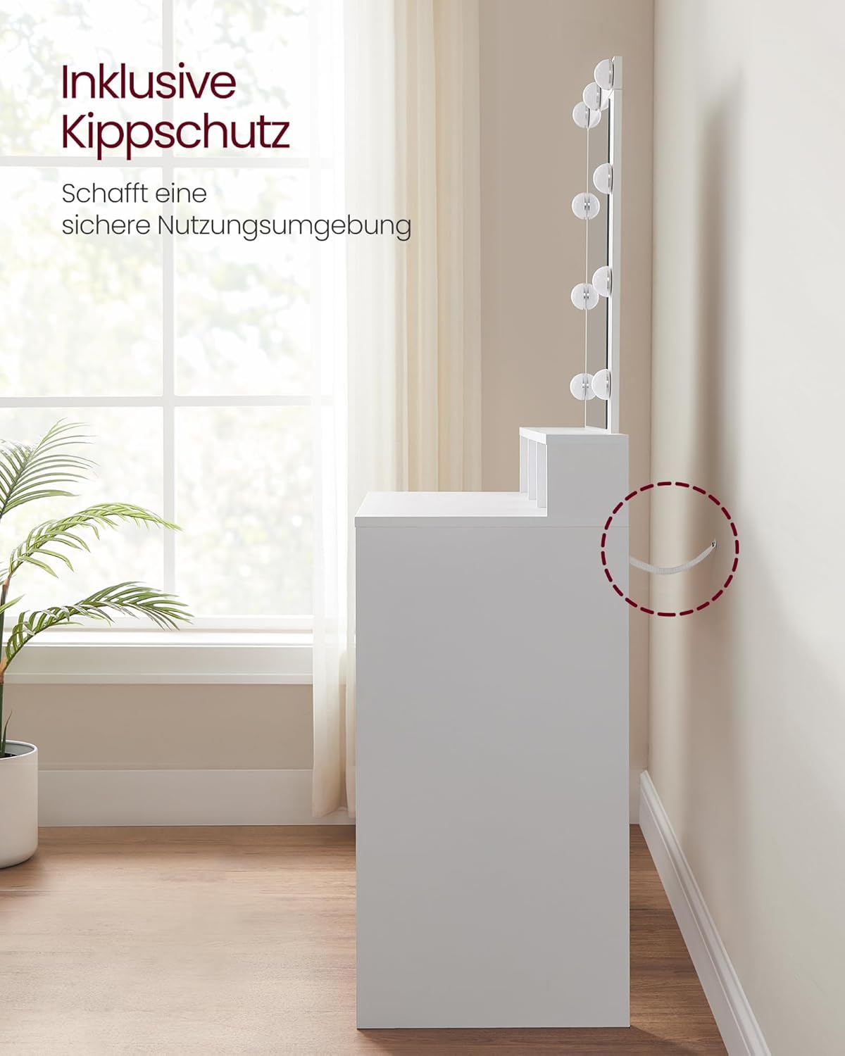 VASAGLE Schminktisch mit LED-Beleuchtung, Sitzhocker, Kosmetiktisch mit 2 Schubladen und 3 offenen Fächern, Makeup-Hocker aus Samt, für Schlafzimmer, weiß und mattweiß-pastellrosa RDT714W01