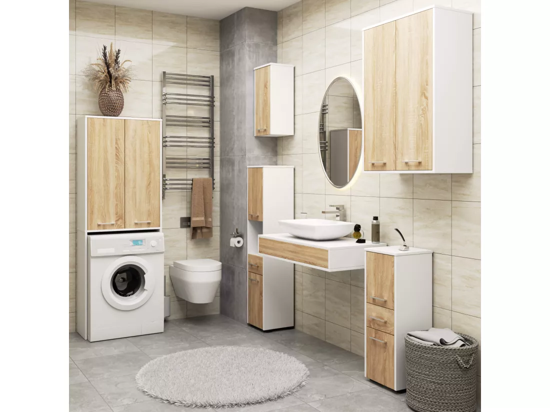 Meuble pour machine à laver FIN Blanche 64 cm 2 portes façade Chêne Sonoma 4 étagères 64x30x180 cm