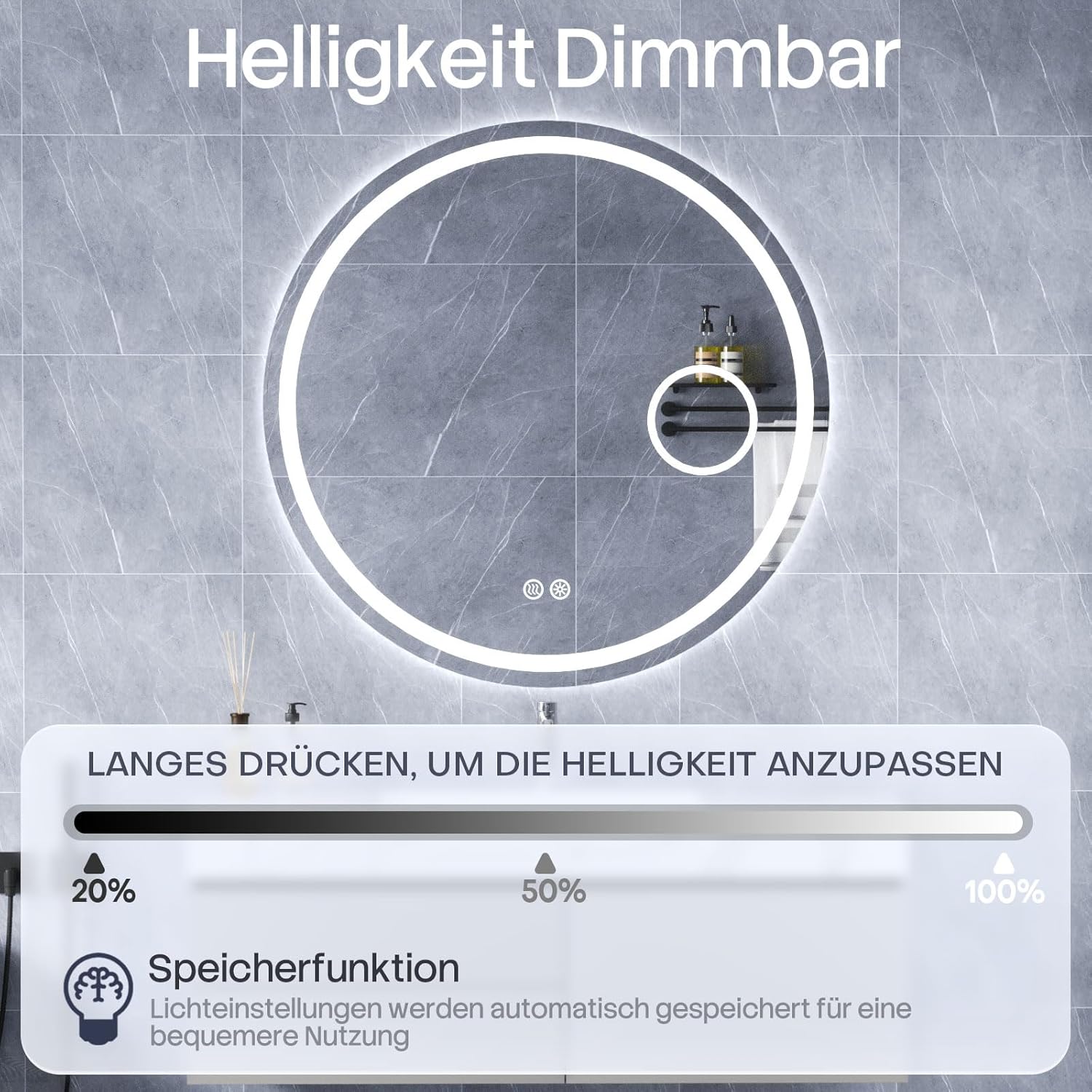HySail Badspiegel mit Beleuchtung, 5mm Hochauflösender Silber-Spiegel, 3 Farbtemperaturen & Dimmbare Helligkeit, Wandspiegel mit Touch-Schalter & Anti-Beschlag, Rund