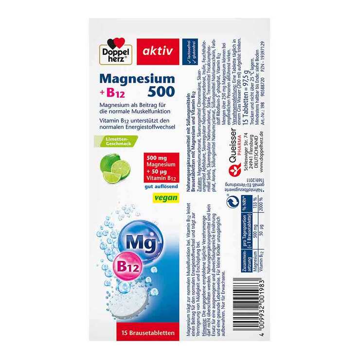 Doppelherz Magnesium 500 + B12 Brausetabletten, 15 St