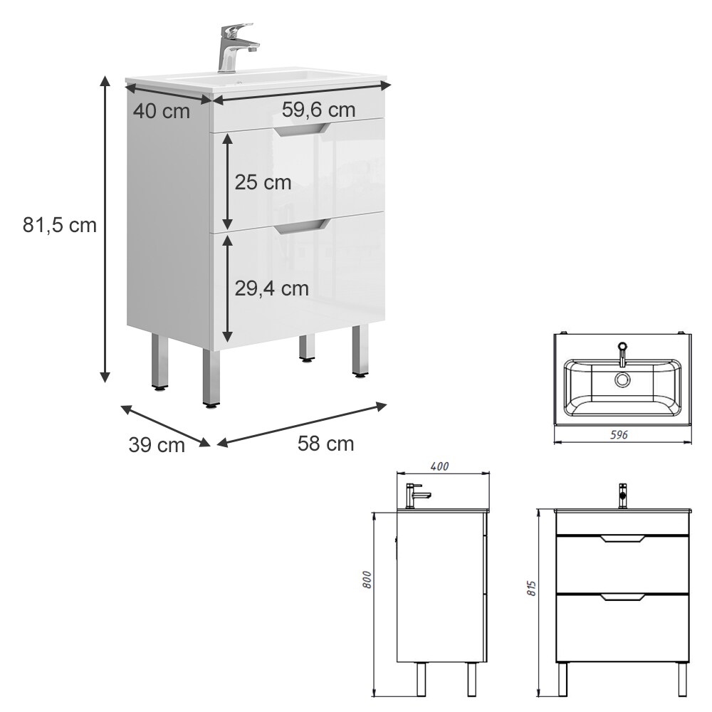 Vicco Waschbecken mit Unterschrank Clayton 60 cm breit, Waschtisch Hochglanz Weiß