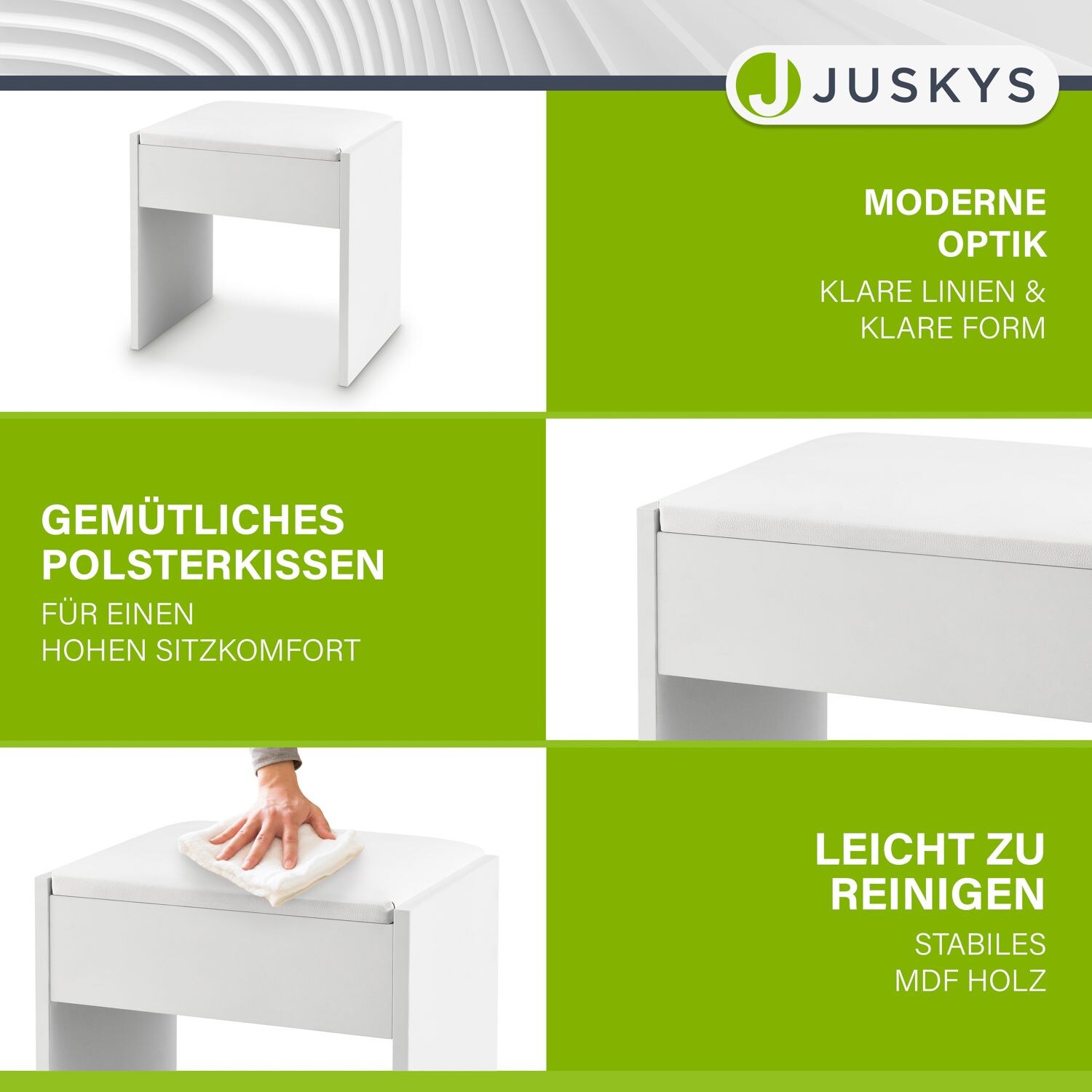 Juskys Schminktisch Hocker Melly aus Holz mit gepolstertem Kissen & Bezug aus Kunstleder in Weiß