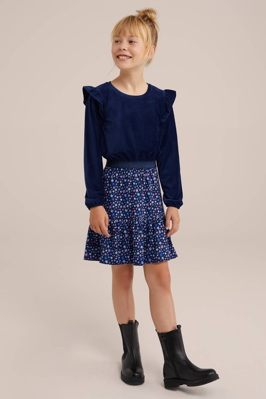 WE Fashion gebloemde jurk donkerblauw/lila/lichtblauw