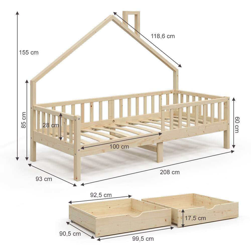 VitaliSpa Hausbett Kinderbett Spielbett Noemi 90x200cm Schubladen Rausfallschutz