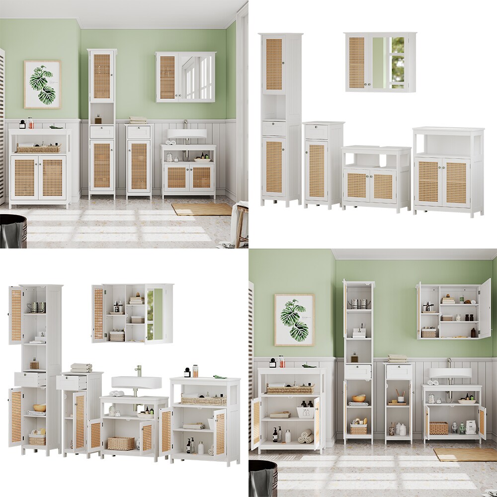 Vicco Badmöbel-Set Rosario, Weiß, moderne Serie, Badezimmer, dekorative Front, Spiegelschrank, Waschtischunterschrank, Midischrank, Hochschrank, Sideboard