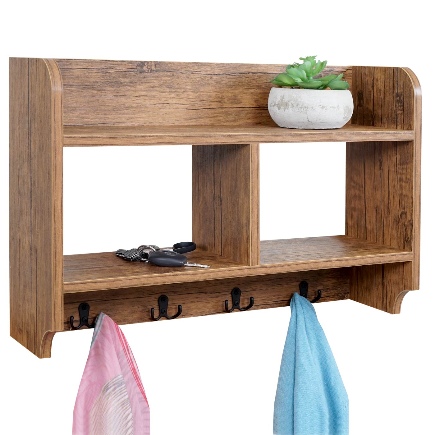 Wandgarderobe MCW-C68, Garderobe Regal, 4 Haken 2 Regalfächer, 41x60x19cm 3D-Struktur ~ Wildeiche-Optik