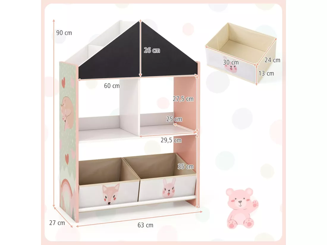 Bibliothèque enfant avec tableau noir & blanc, 2 tiroirs en tissu (rose)