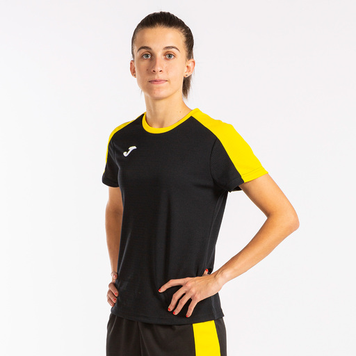 Camiseta Joma Eco Championship de manga curta, preta e amarela.