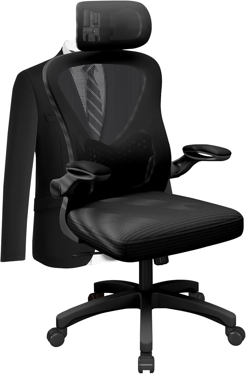 Ergonomischer Bürostuhl mit Verstellbarer Lendenwirbelstütze, 3D-Kopfstütze und Armlehnen, höhenverstellbar, Wippfunktion, integrierter Kleiderständer, für Büro, Hausarbeit KG8817156