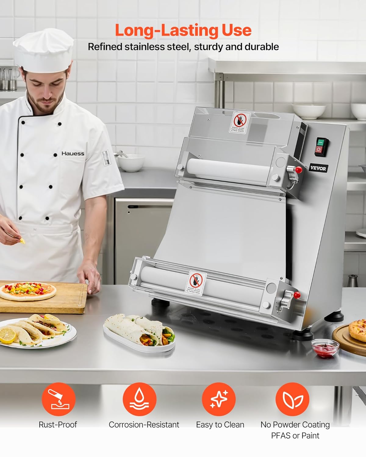 VEVOR elektrische Pizzateigpresse 355,6 mm Gebäck-Pressplatte, Brotpresse 390 W aus Edelstahl, kommerzieller Chapati Presse, Formmaschine mit einstellbarer Dicke & Teigpressdeckel, 260 Stk./h