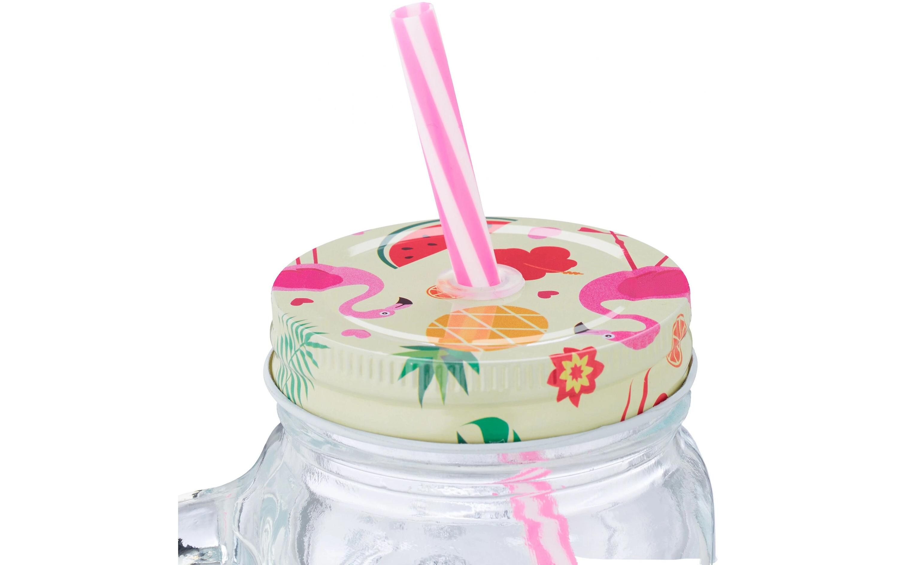 Trinkkrug Flamingo 500 ml, 12 StückHenkelgläser mit Deckel und Strohhalm