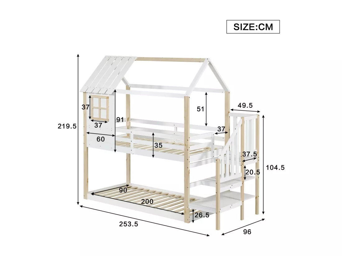 Lits superposés cabane avec escaliers d'angle et clôtures - 2 x 90 x 200 cm - double certifié FSC et EN747 - Pin - Blanc