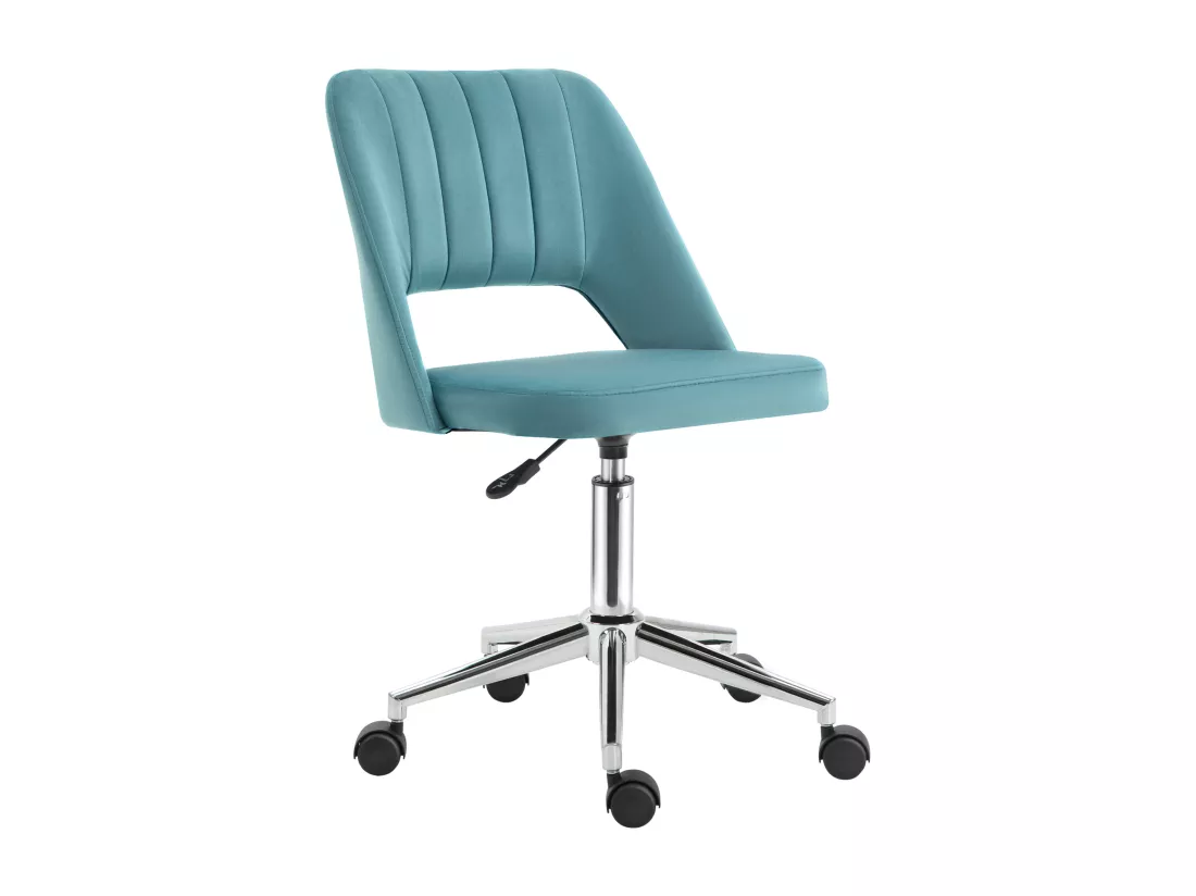 Chaise de bureau design contemporain dossier ergonomique ajouré strié hauteur réglable pivotante 360° piètement chromé velours bleu canard