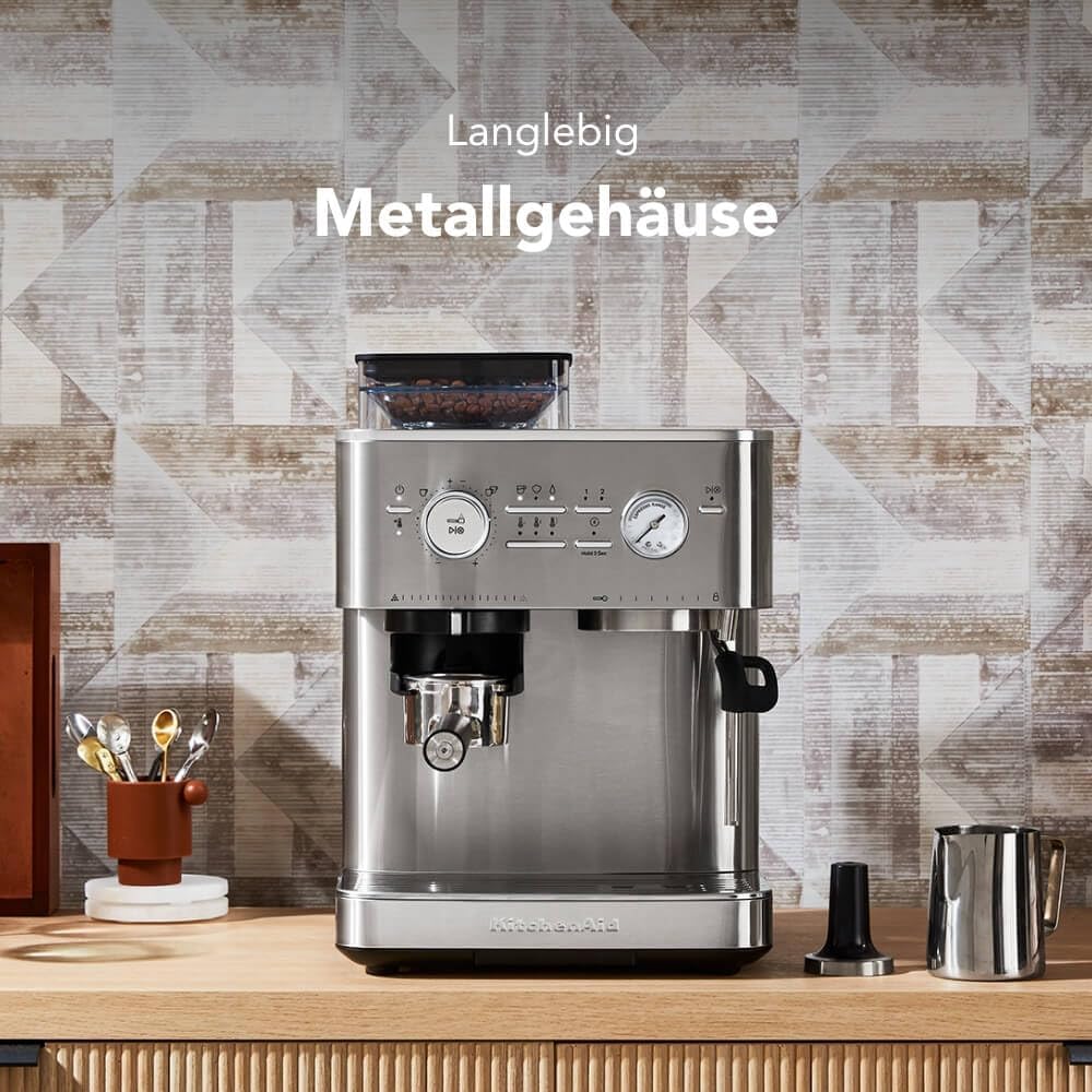 KitchenAid kaffeemaschine mit mahlwerk I Halbautomatische Espressomaschine I Heißgetränke von Espresso bis Cappuccino I Milchschäumerfür, Milchkännchen, Bohnenbehälter (Edelstahl)