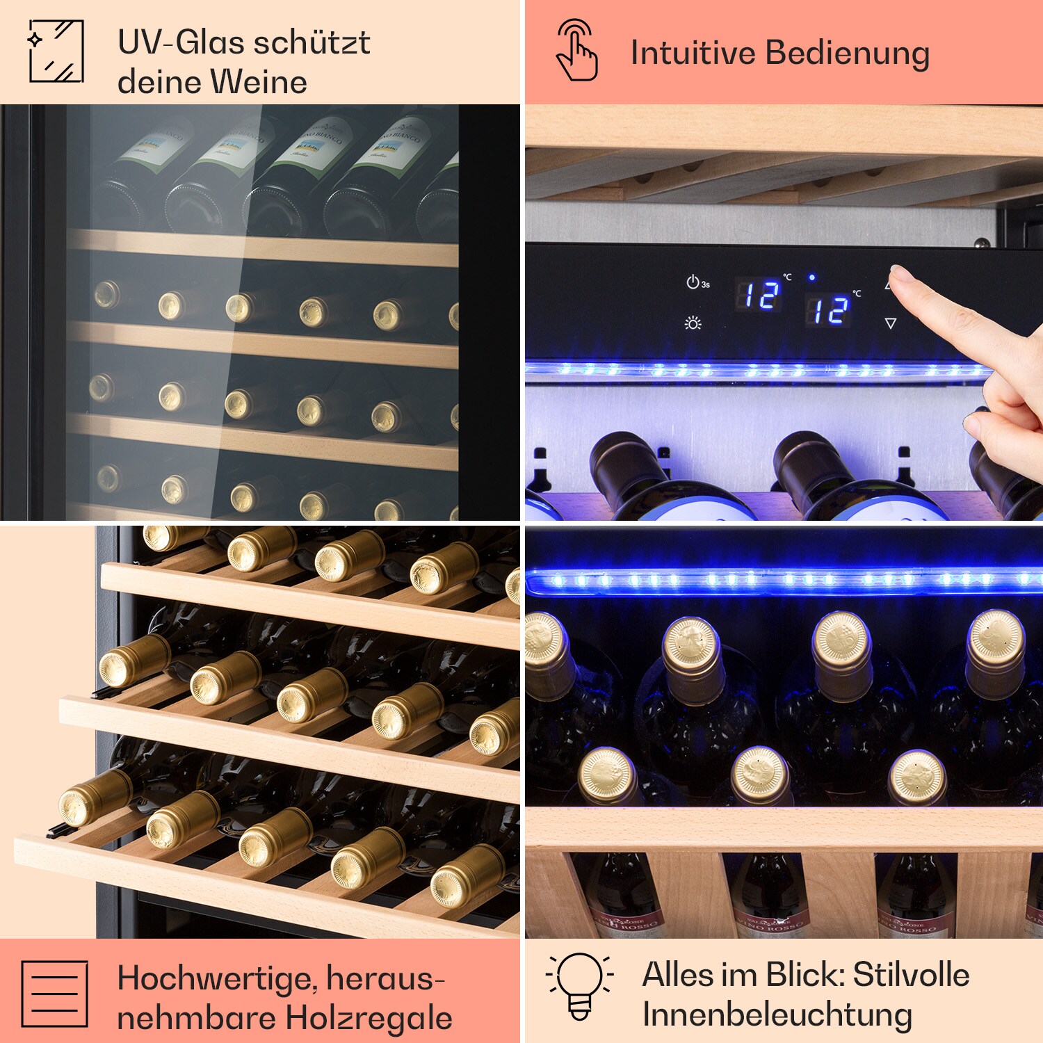 Vinsider 89 Built-In Trio Built-In Weinkühlschrank 5 – 18 °C Touch-Bedienfeld Holzregale Schwarz 89 Flaschen 3 Kühlzonen