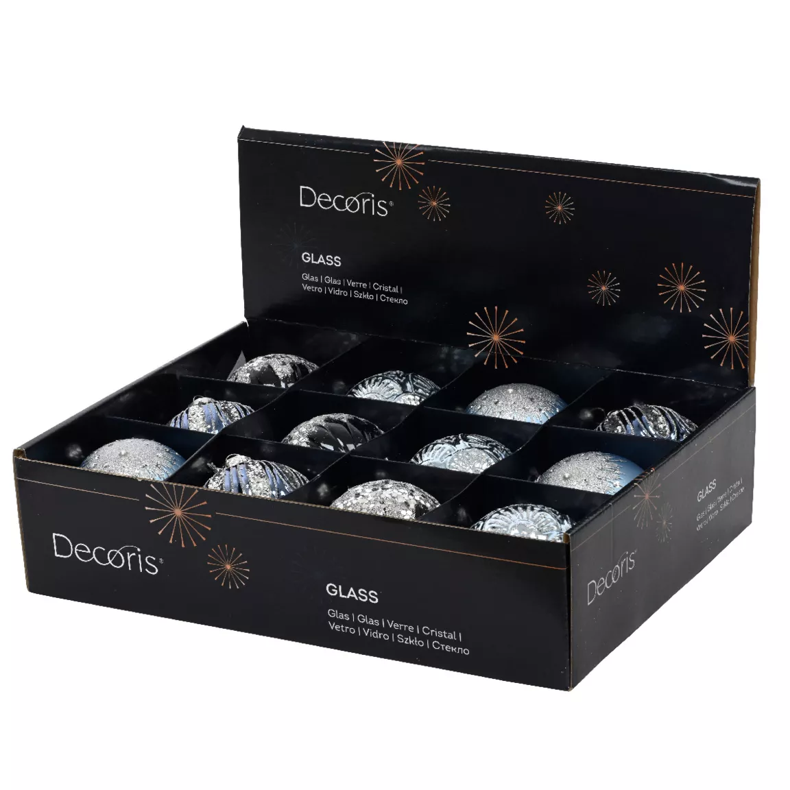 Lot de 12 boules de Noël en verre (D80 mm) Gatsby Bleu nuit pailleté