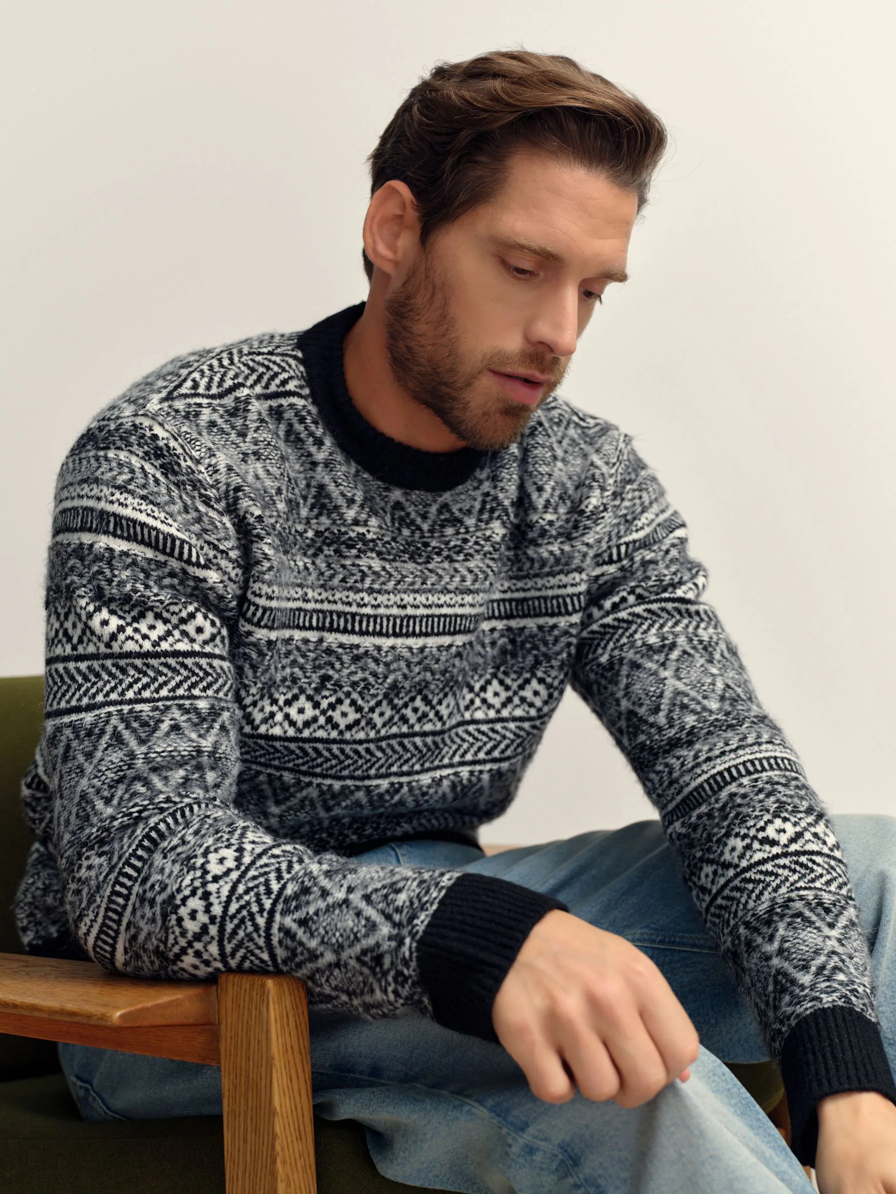 Zwart/wit - Regular Fit Fairisle Pattern Crew Neck Jumper