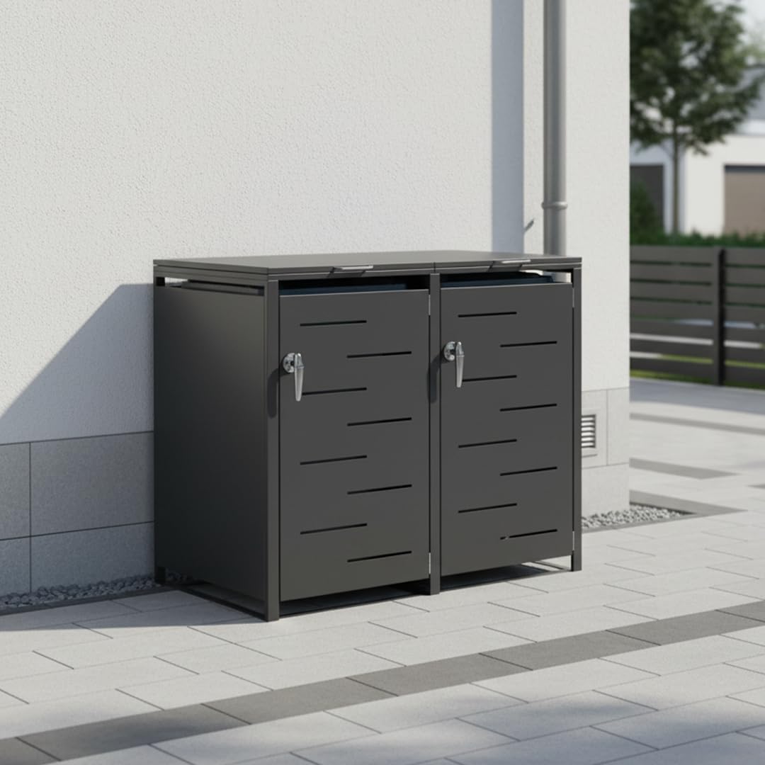 STEELSØN Mülltonnenbox 2er 120L abschließbar – Hochwertige Mülltonnenverkleidung für 2 Tonnen – Müllbox Stahl – Müllcontainer Schwarz - Mülltonnen Box wetterfest – Gerätebox mit Schloss