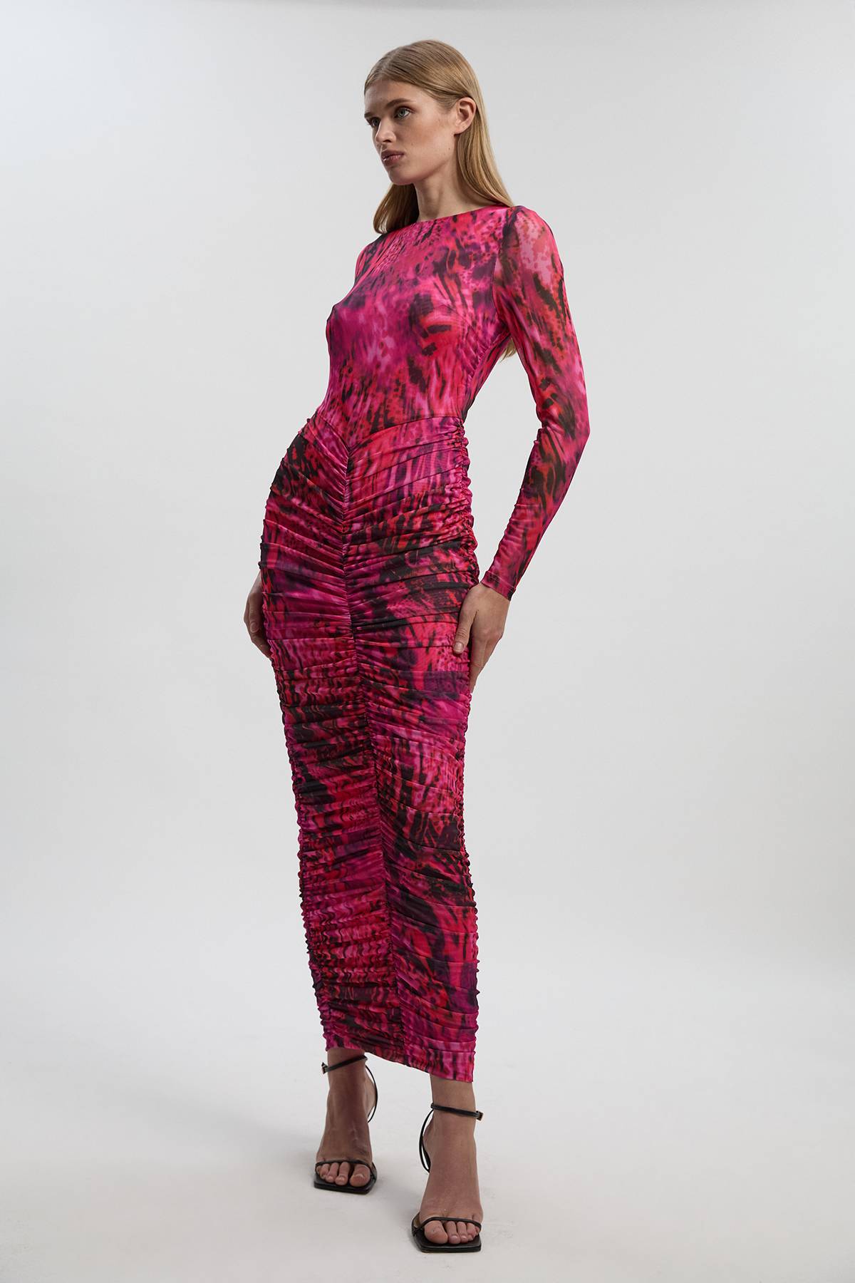 KarenMillen Robe Longue en Maille Froncée à Imprimé Animalier
