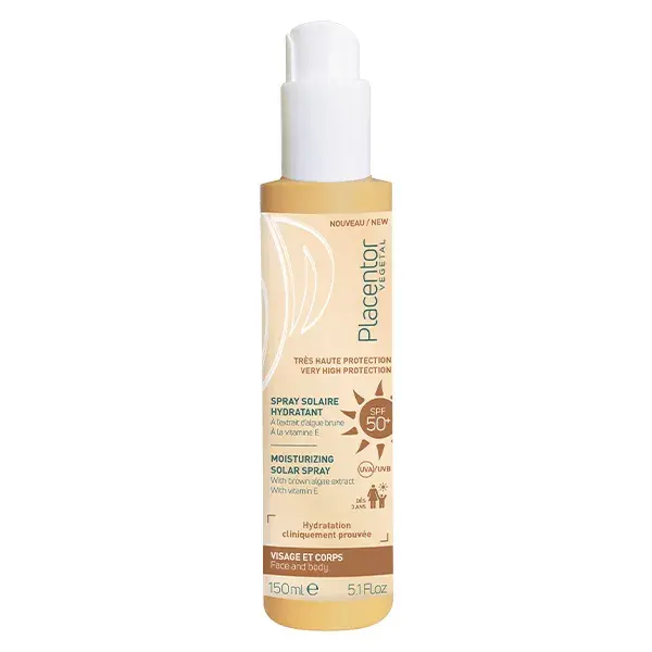 Protetor solar hidratante em spray à base de plantas Placentor FPS 50+ 150ml