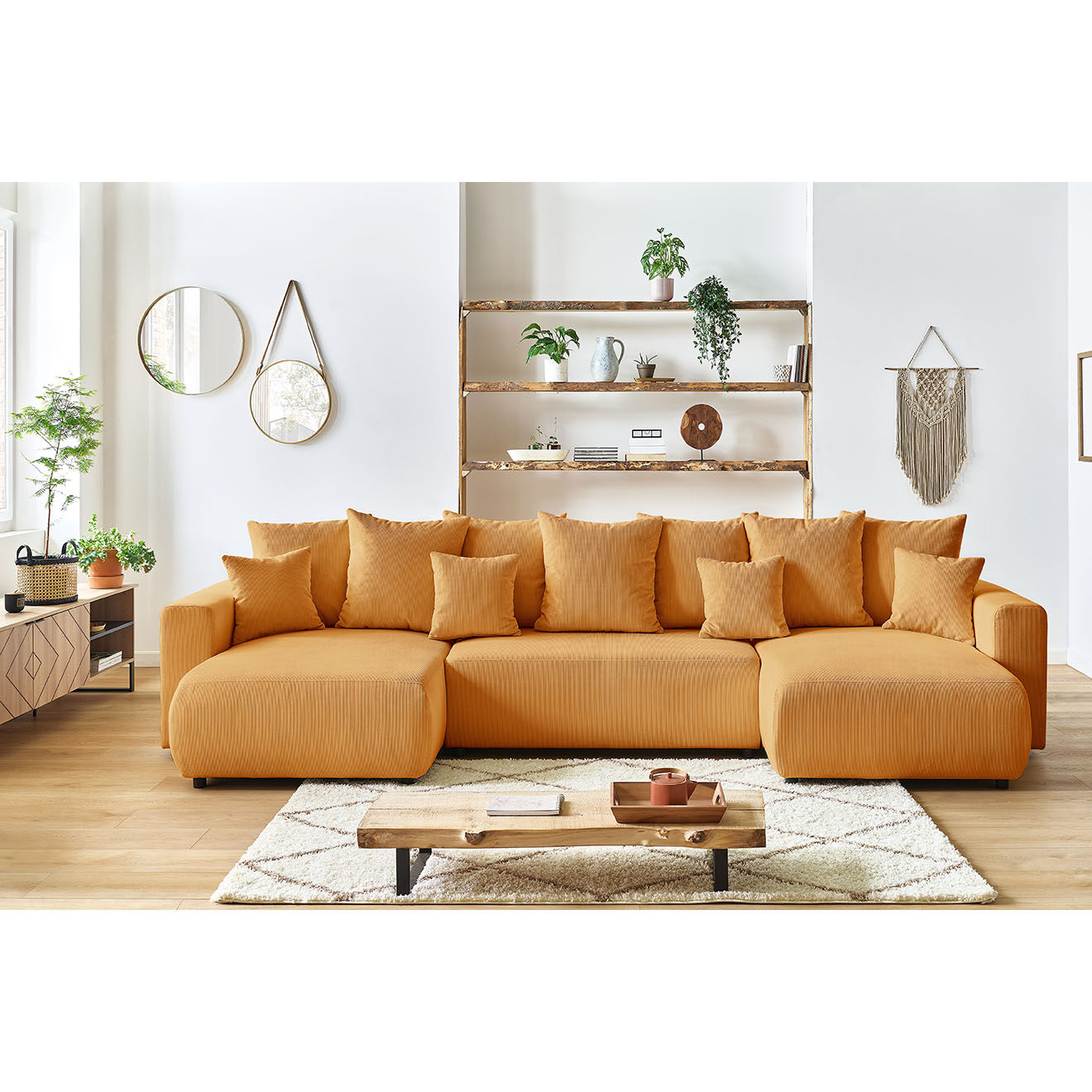 Bobochic Canapé panoramique convertible coffre velours côtelé envy jaune - 386x153x95 cm