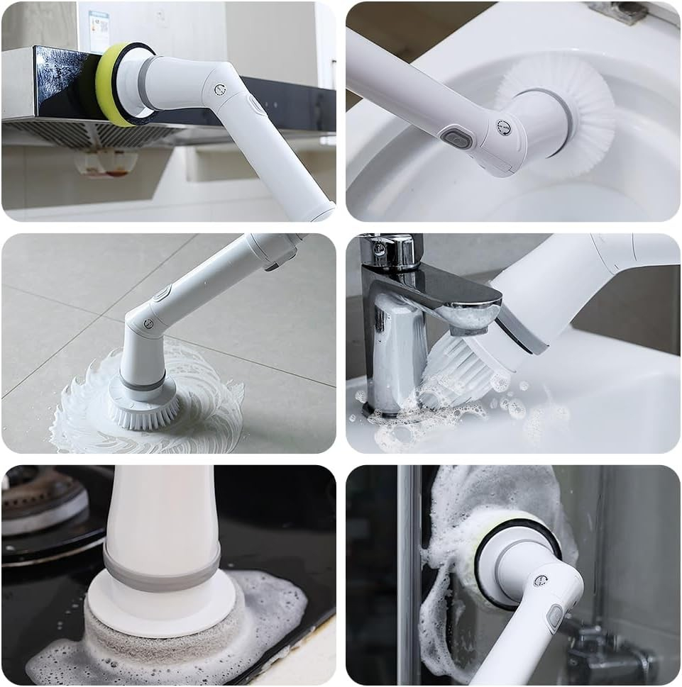 (7-tlg. Set) USB Reinigungs Bürste Elektrischer Spin Scrubber Power Schrubber mit Teleskopstiel   6 Aufsätze - Weiss