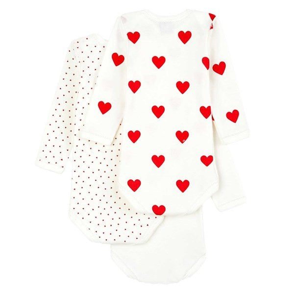 Bodies 3-pack White/Red Hearts - Petit Bateau