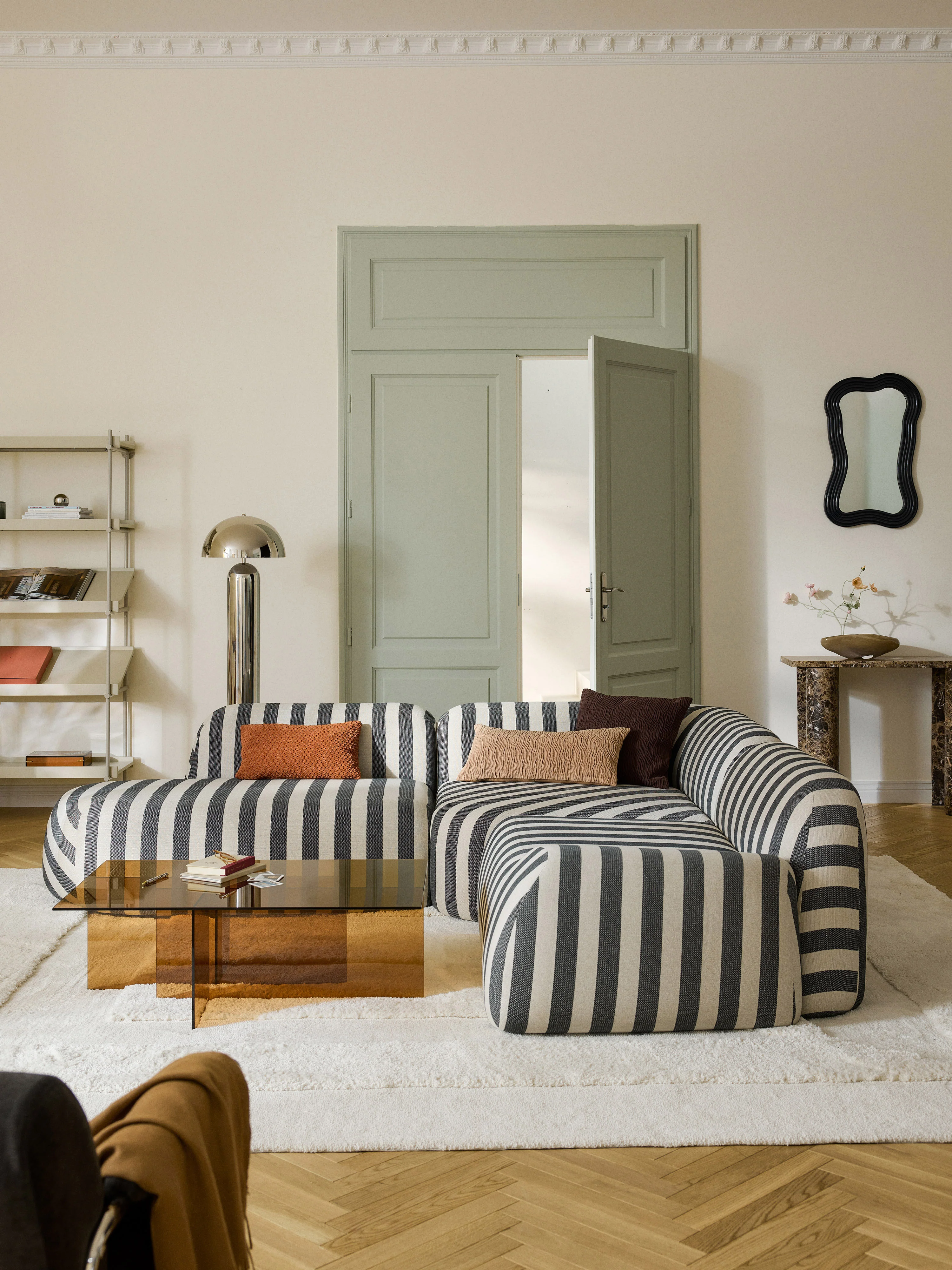 Gestreepte modulaire hoekbank Wolke (4-zits) met chaise longue