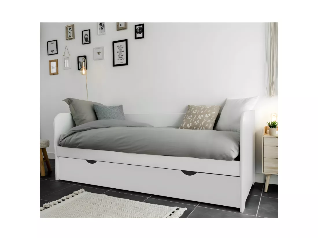 Pack lit gigogne avec 2 matelas 80x200 cm bois massif gris et bois JAVA