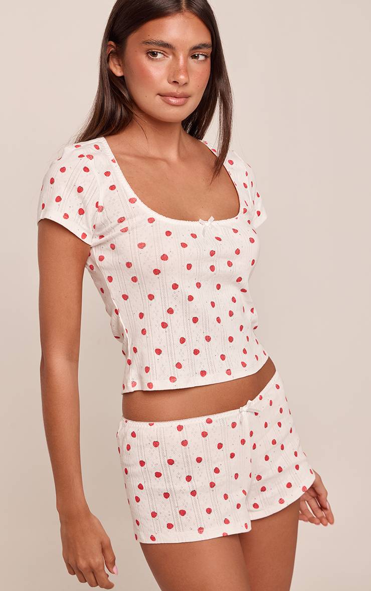 Blanc Haut De Pyjama À Manches Courtes En Pointelle Motif Fraise