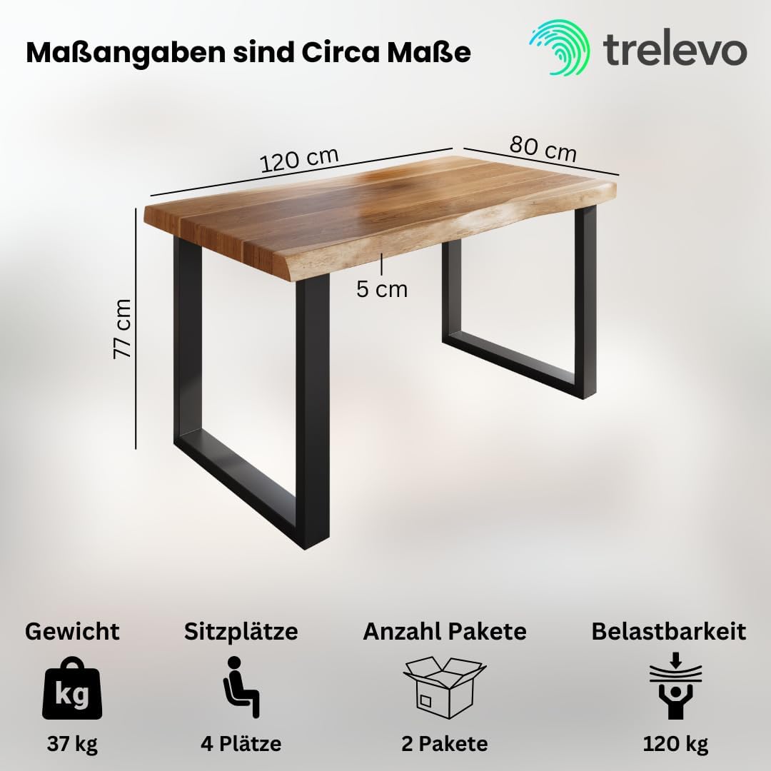 Esszimmertisch 120x80 cm, Akazienholz massiv, Tischplatte naturfarben, echte Baumkante, U-Gestell schwarz, Baumkantentisch