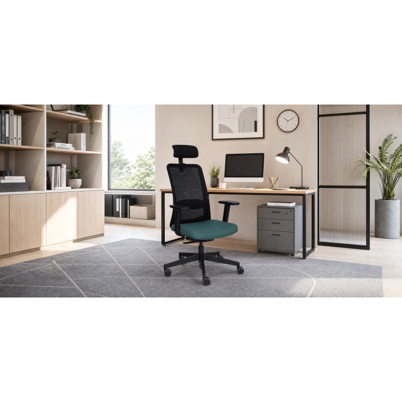 Chaise de bureau ergonomique Nico, tissu et maille, accoudoirs 3D, appui-tête, mécanisme synchrone + réglage profondeur d'assise
