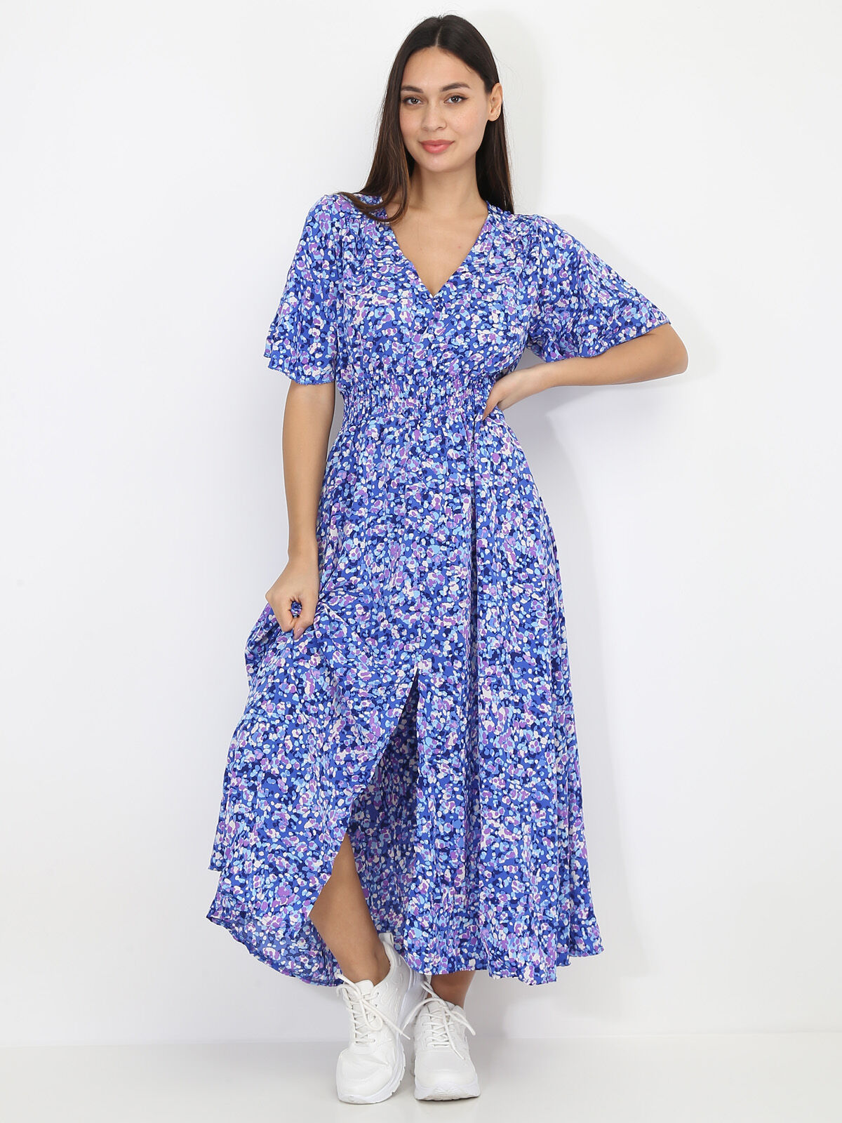 Robe longue à motif tacheté- Bleu