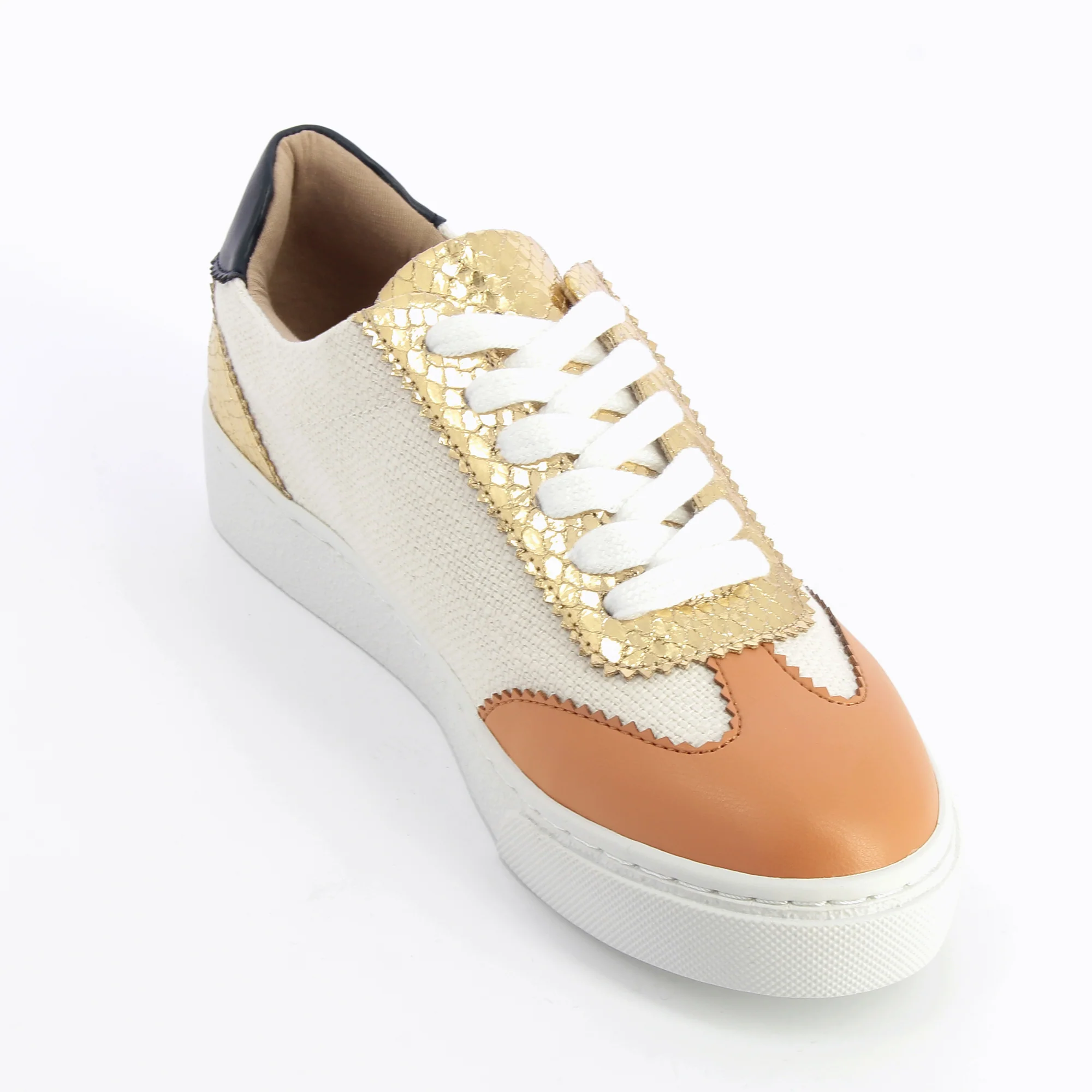 Sneakers-Baskets Meryl en tweed beige à détails or