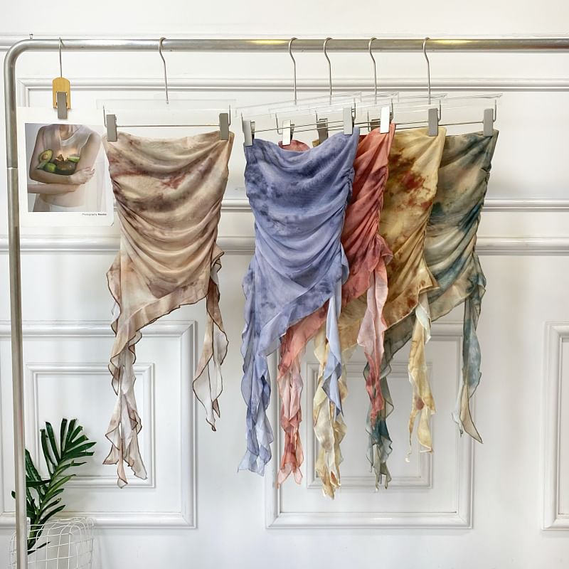 Iasia - Tie Dye geplooide asymmetrische mesh tubetop met ruches