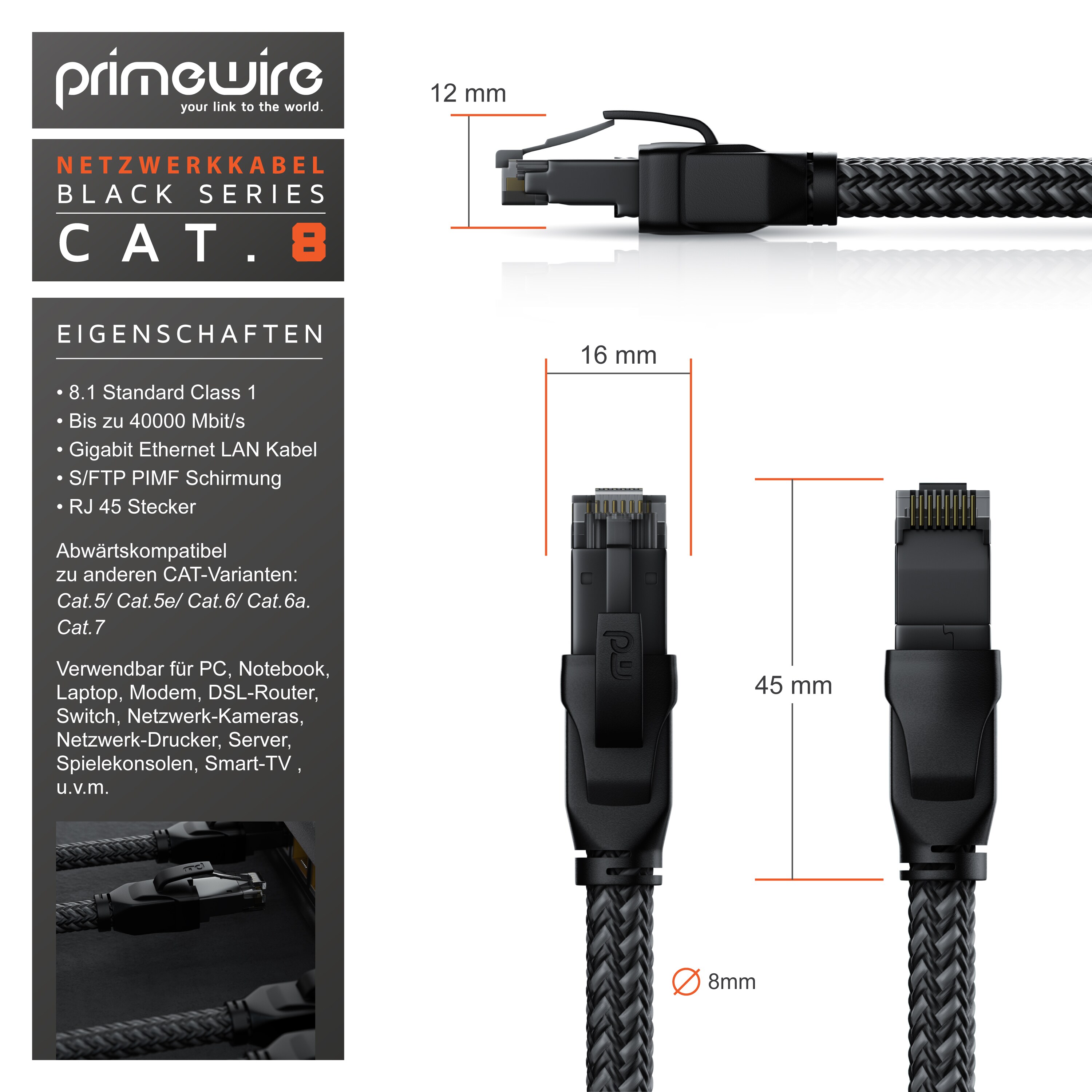 Primewire Patchkabel CAT 8 mit Baumwollummantelung, Gigabit Ethernet LAN Kabel - Black Series, 40 Gbit/s - S/FTP PIMF Schirmung, Netzwerkkabel - 5m