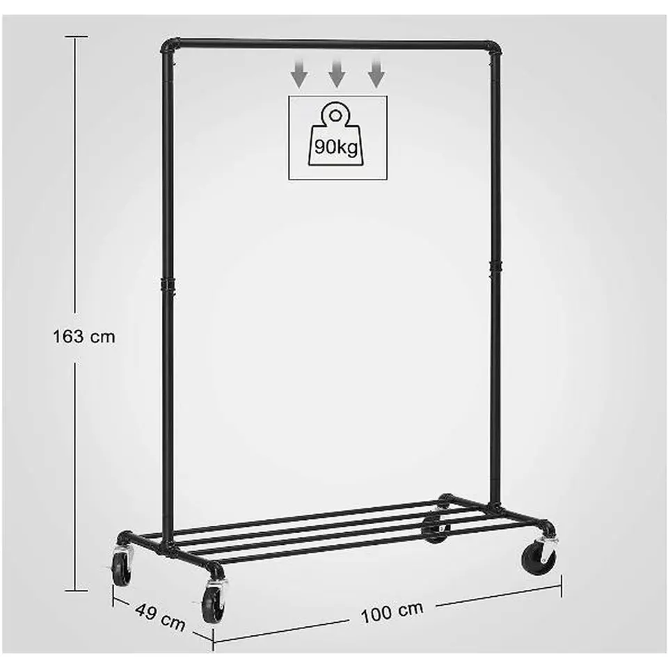 Kledingrek op wieltjes - Metaal - Incl. plank - tot 90 kg - Zwart