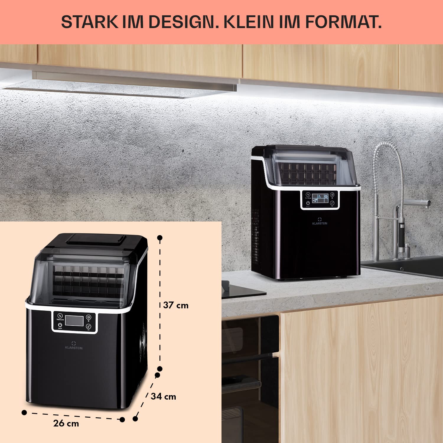 Klarstein Eiswürfelmaschine für Zuhause Camping Gastro, Schnelle Mini , Profi Eismaschine für Große Kleine Klare Eiswürfel, Selbstreinigend mit 3,2L Eiswürfelbehälter, 20kg/24h