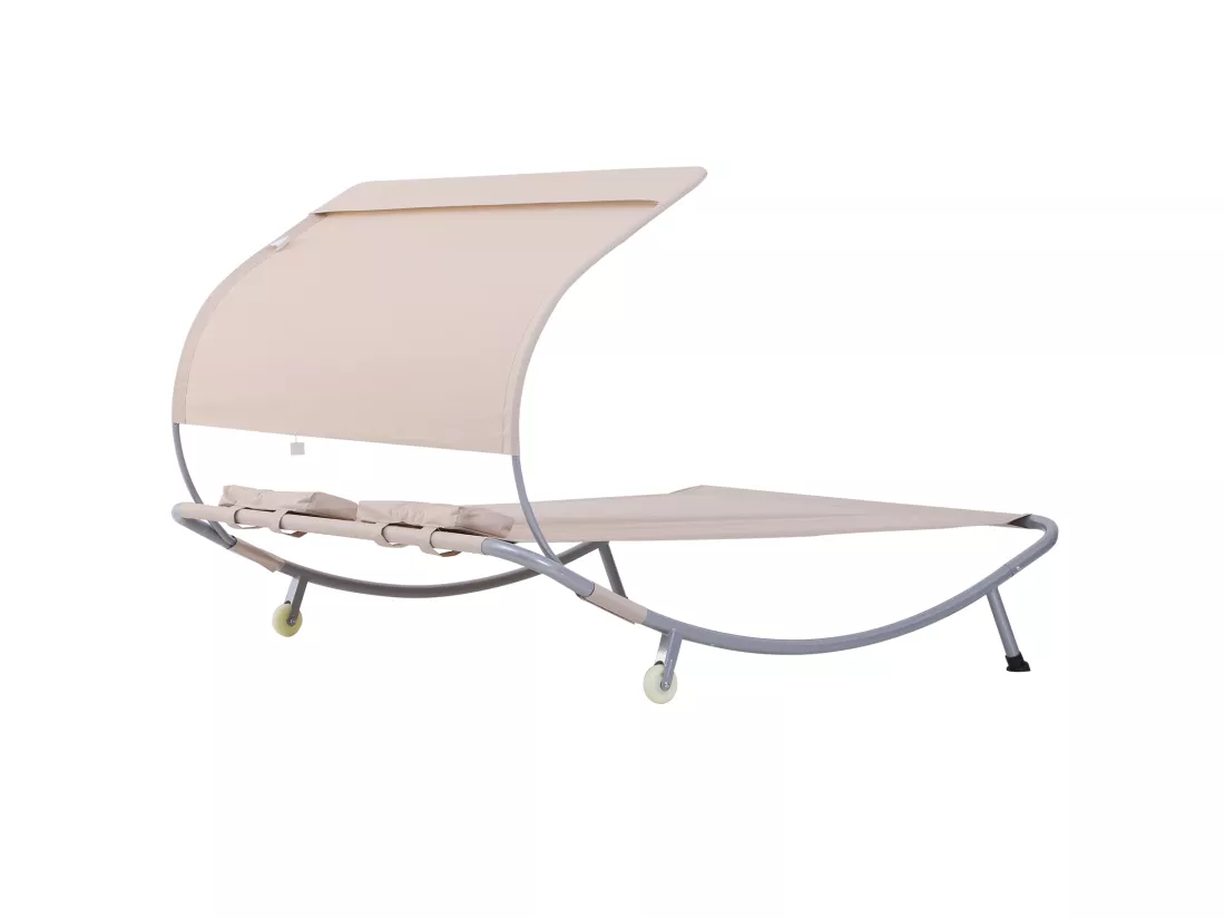 Bain de soleil 2 places lit de jardin design contemporain toit réglable 2 roulettes 2 oreillers acier époxy polyester sable