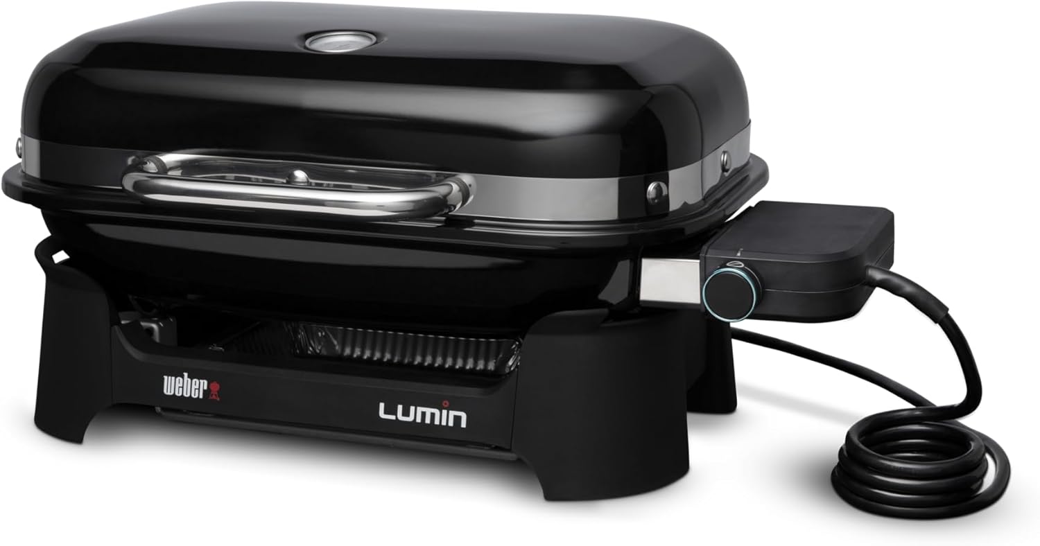 Weber Lumin Compact Tragbarer Kompakter Elektrogrill/Anbraten, Räuchern, Dämpfen, Kochen und Warmhalten, Bis zu 315 °C, Porzellanemaillierte Gusseisenroste, 43 x 32 cm, Schwarz