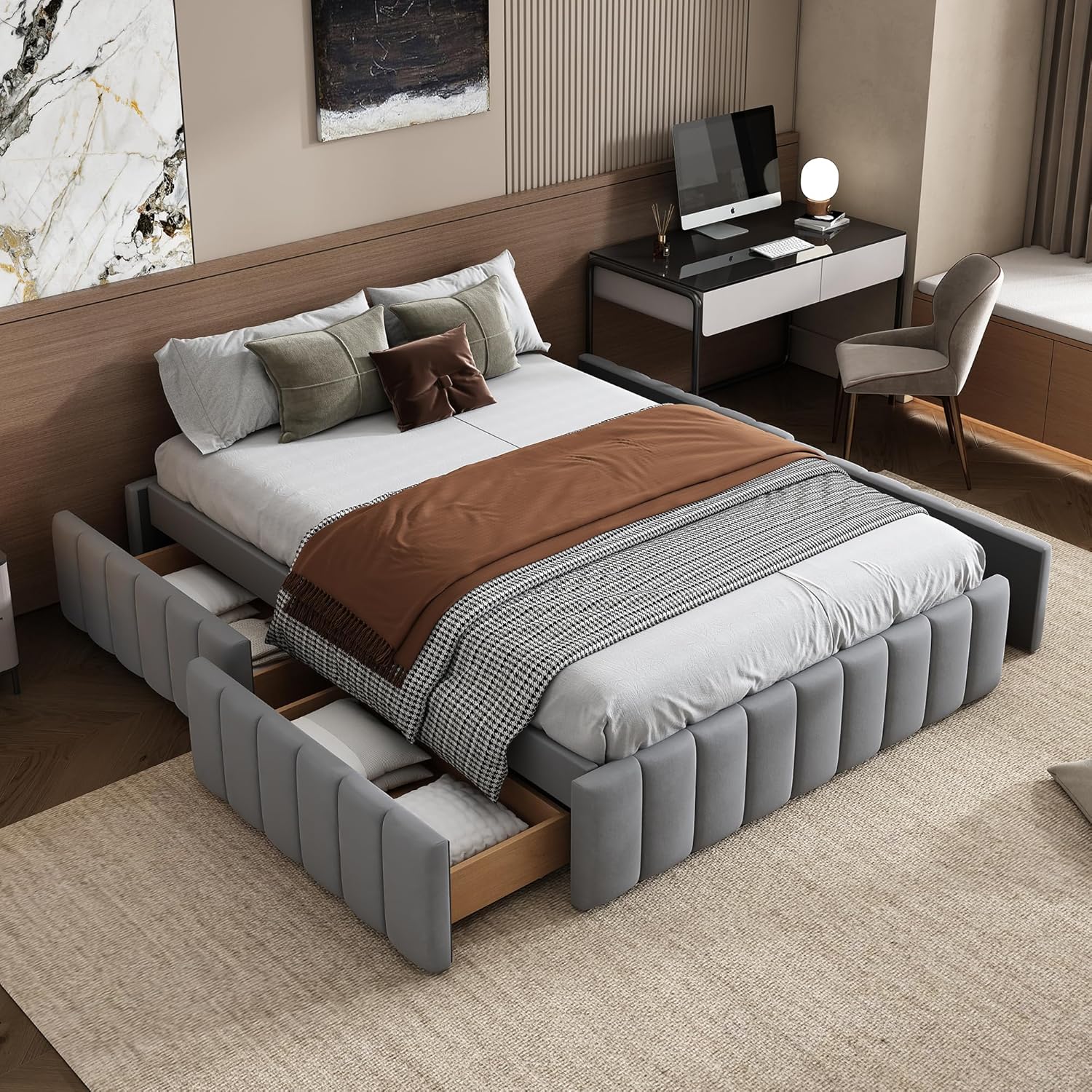 Futonbett mit Lattenrost und Schubladen, Doppelbett ohne Kopfteil, Jugendbett, Bezug aus Samt (grau, 140x200 cm)